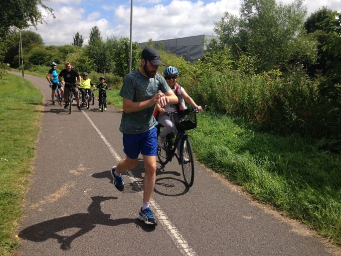 This is Tom, who is not trying to imitate Chris Froome on Thursday's TDF stage up Mt Ventoux, He is running the inaugural Go Sky Run in Swindon with his partner who is on her bike